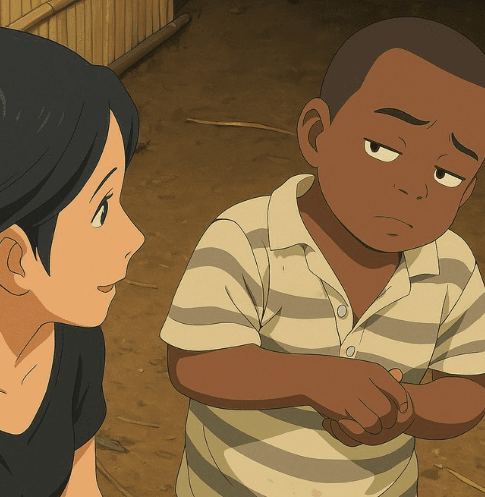 Ghibli-style transformation of a dialogue scene between two characters, showcasing Miyazaki's distinctive artistic style