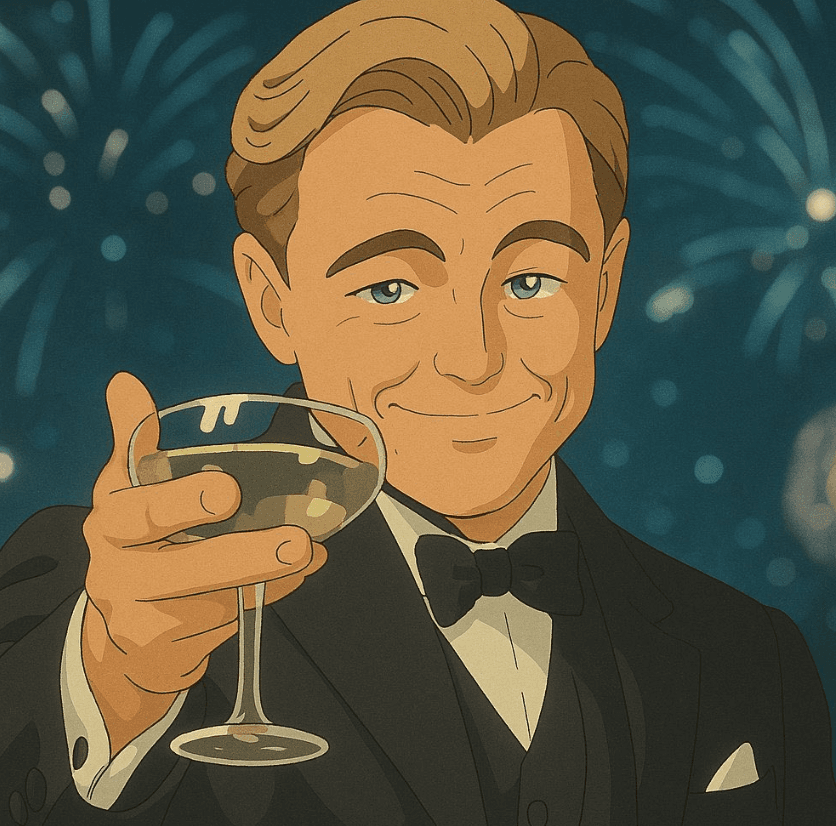 Ghibli-style transformation of a man in a suit making a toast, capturing the unique character expressions and scene atmosphere of Miyazaki animations